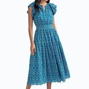 Shoshanna Zona Blue Teal Eyelet Embroidered Midi Dress Size 8